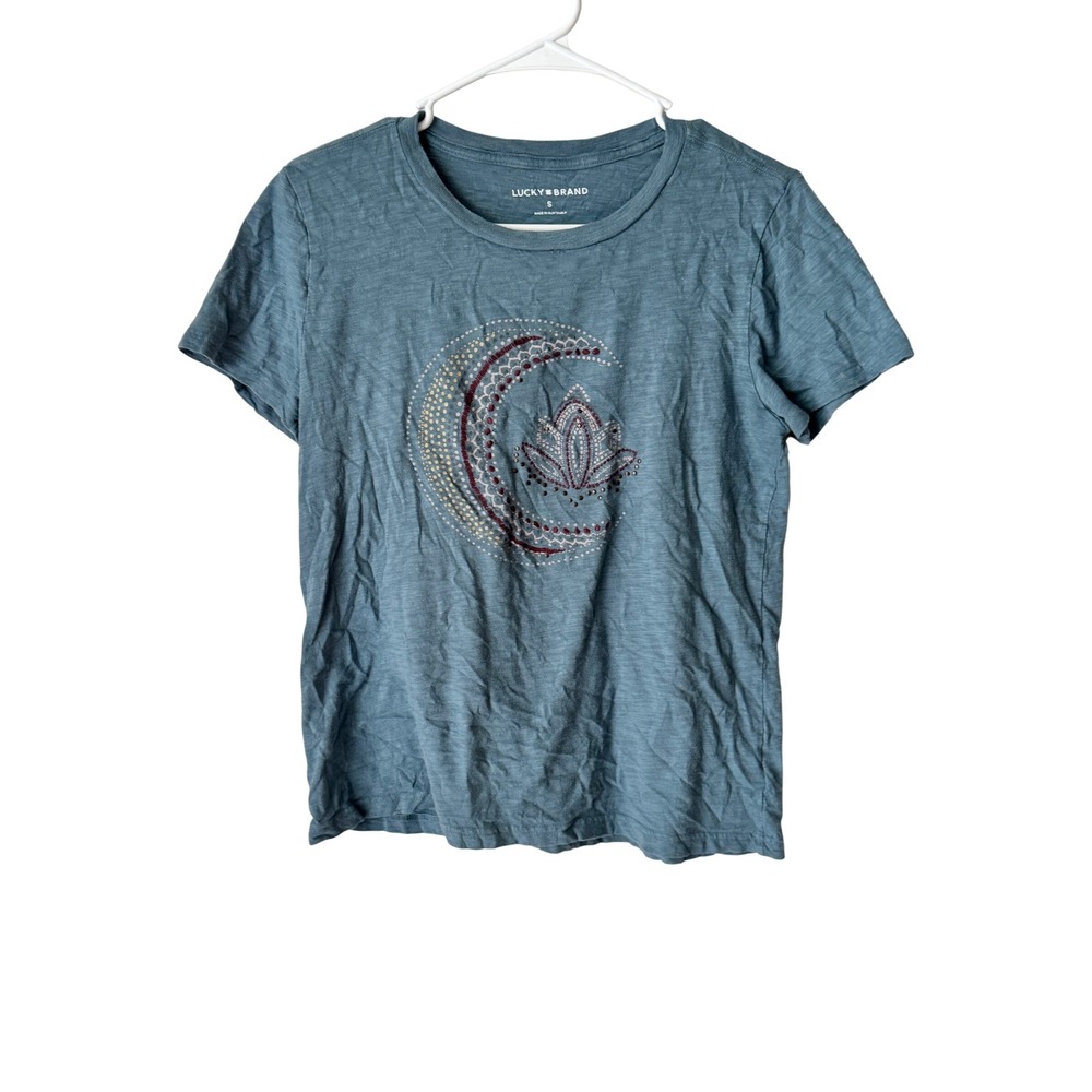 Lucky Brand Blue Slub Cotton Moon Lotus Graphic Studded Tee Shirt S